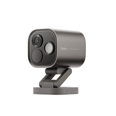 Aqara Camera Hub G5 Pro in Grau schräg von vorn: zylindrisches Gehäuse auf drehbarem Standfuß