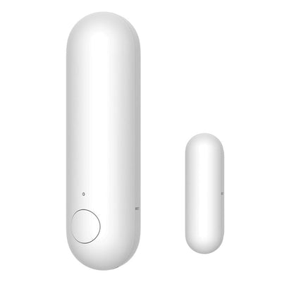 Aqara Tür- und Fensterkontakt P2 von vorn: längliche Haupteinheit mit runder Taste und LED-Punkt