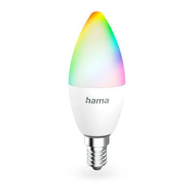 Hama Smarte Lampe E14 in Kerzenform, Kolben im Regenbogen-Farbverlauf, hama-Logo über dem E14-Sockel