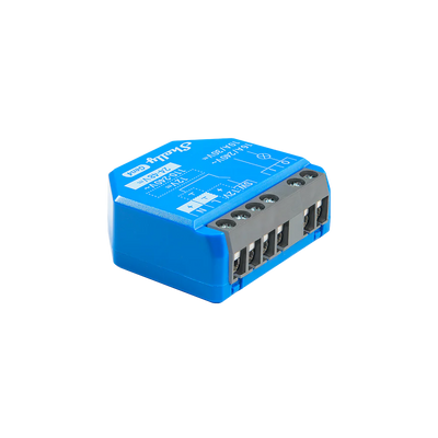 Shelly 1 Gen4: kleines schwarzes Relaismodul mit grauen Schraubklemmen
