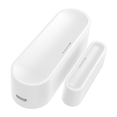 NEO Matter Tür- / Fensterkontakt in Weiß, zweiteilig mit breitem Sensor und schmalem Magnet, schräg von oben