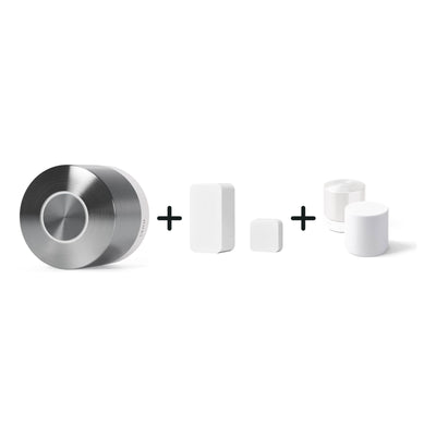Nuki Door Sensor und Nuki Smart Lock Ultra u. a. nebeneinander vor weißem Hintergrund