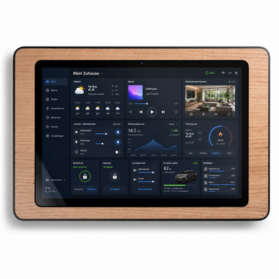 smattex Wand-Tablet mit Blende aus Eiche an einer Wand, Smart-Home-Dashboard auf dem Display