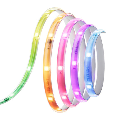 Yeelight Lightstrip D1 RGBIC aufgerollt, jede Windung leuchtet in einer anderen Farbe von Grün über Pink bis Blau