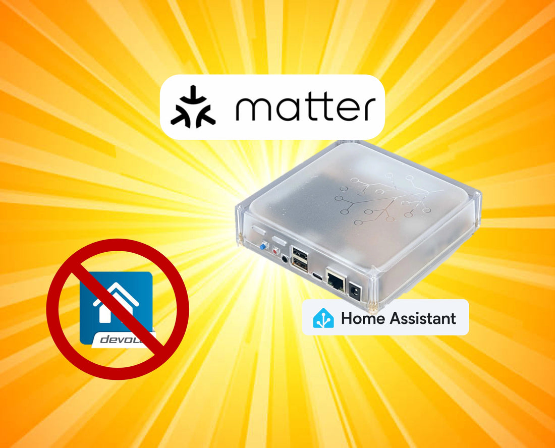 Home-Assistant-Zentrale im transparenten Gehäuse zwischen Matter-Logo und durchgestrichenem devolo-Symbol