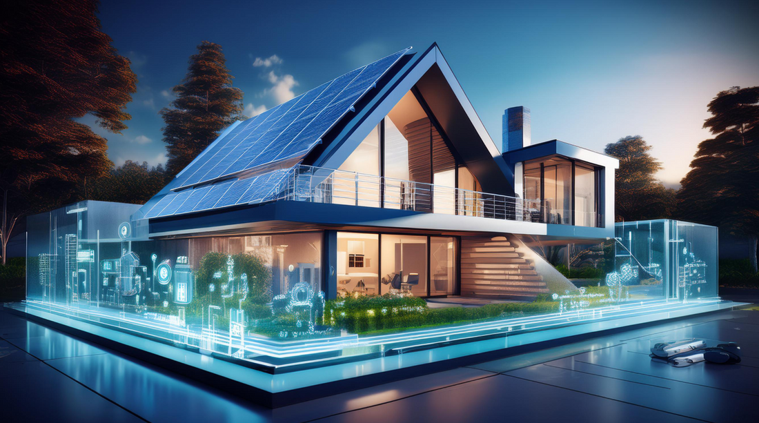 Illustration eines modernen Hauses mit Solardach, umgeben von leuchtenden Datenlinien und Gerätesymbolen