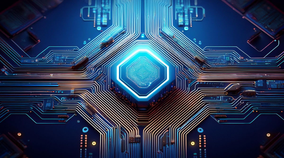 Abstrakte Platinengrafik mit einem blau leuchtenden Chip als Sinnbild für einen vernetzten Standard