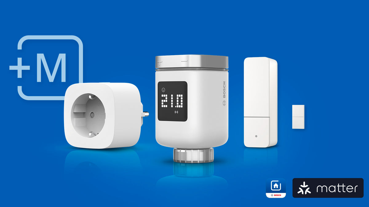 Bosch Smart Home M-Serie auf Blau: Zwischenstecker, Heizkörperthermostat mit 21,0 Grad und Tür-/Fensterkontakt