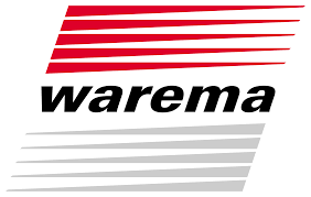 warema – Wortmarke zwischen roten und grauen Schrägstreifen