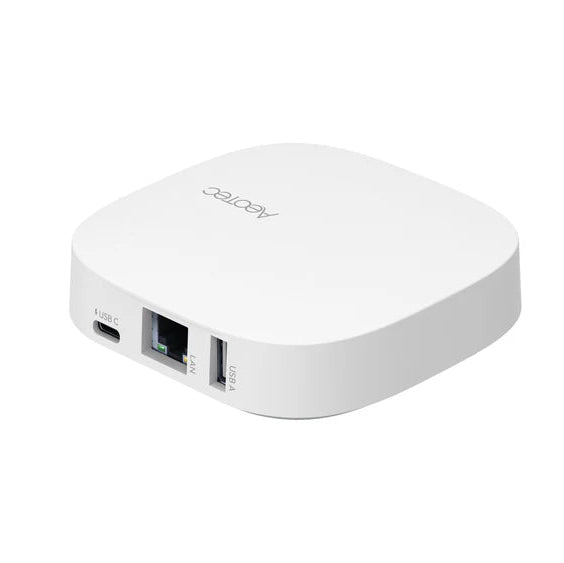 Rückseite des Hubs mit USB-C, USB-A und Netzwerkbuchse