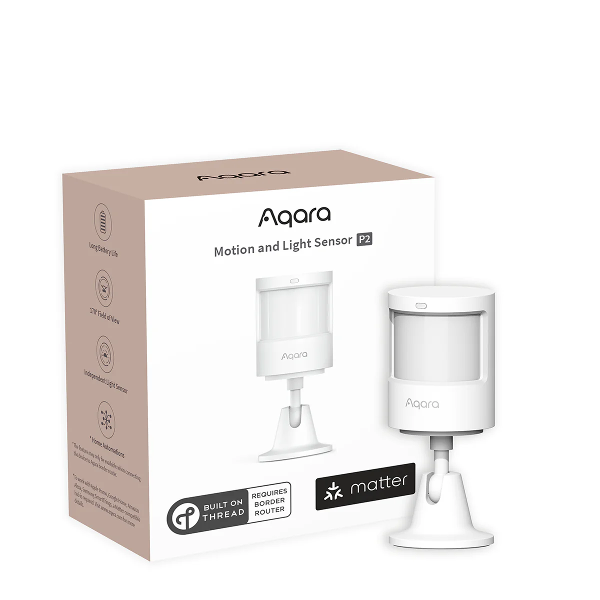 Verpackung des Aqara Motion and Light Sensor P2 mit den Hinweisen auf Thread und Border Router