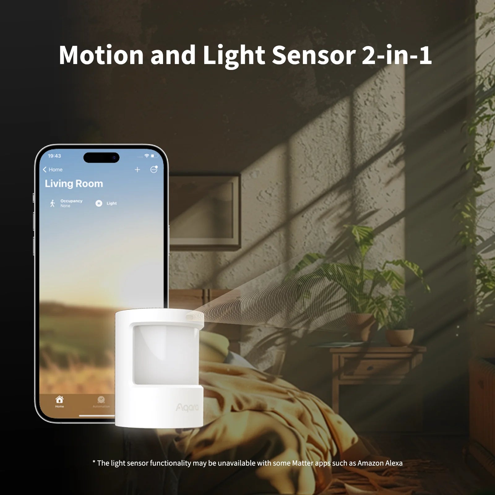Herstellergrafik zum Zwei-in-eins-Sensor: der P2 im Schlafzimmer neben einem iPhone mit der Home-App