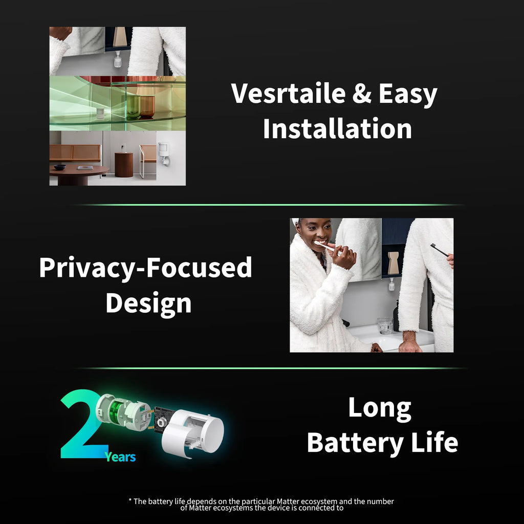 Herstellergrafik zu Montage, Datenschutz und zwei Jahren Batterielaufzeit mit den zwei CR2450-Zellen