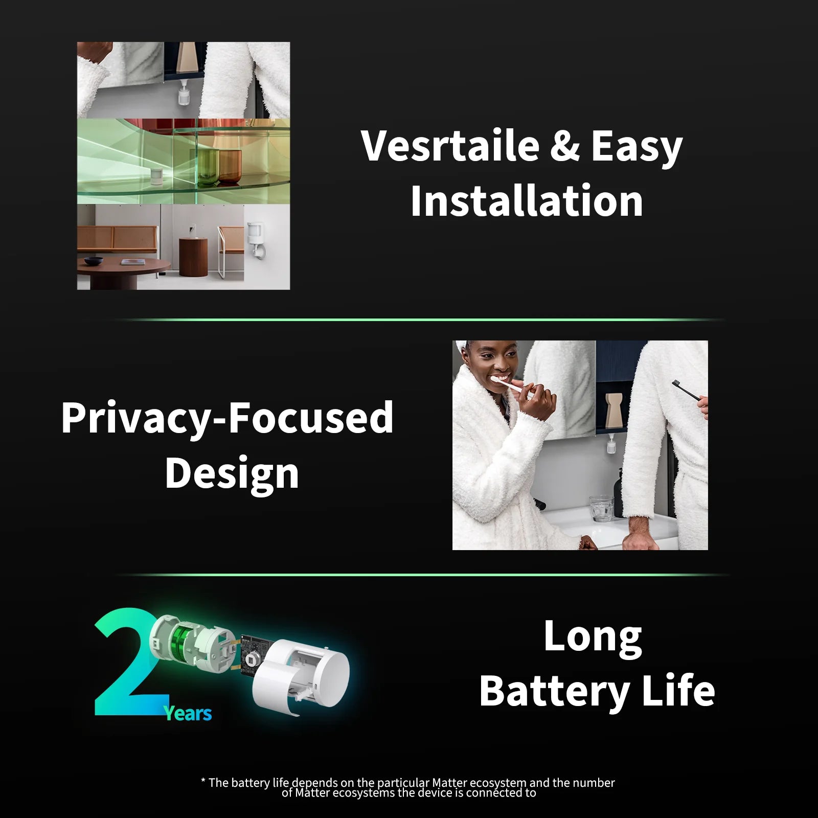 Herstellergrafik zu Montage, Datenschutz und zwei Jahren Batterielaufzeit mit den zwei CR2450-Zellen