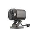 Aqara Camera Hub G5 Pro in Grau, schräg von vorn, Objektiv und Scheinwerfer sichtbar, Kabel am Standfuß