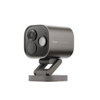 Aqara Camera Hub G5 Pro in Grau schräg von vorn: zylindrisches Gehäuse auf drehbarem Standfuß