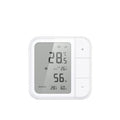Aqara Klimasensor W100 von vorn: quadratisches Gehäuse mit LCD, links die Temperaturanzeige 28,5 Grad