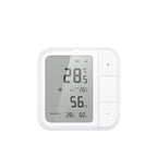 Aqara Klimasensor W100 von vorn: quadratisches Gehäuse mit LCD, links die Temperaturanzeige 28,5 Grad