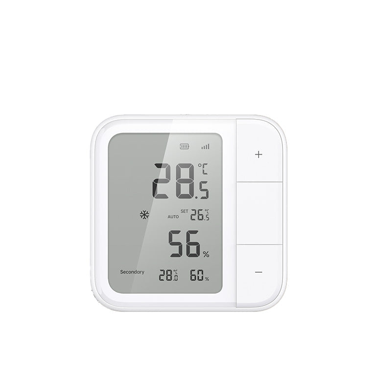 Aqara Klimasensor W100 von vorn: quadratisches Gehäuse mit LCD, links die Temperaturanzeige 28,5 Grad