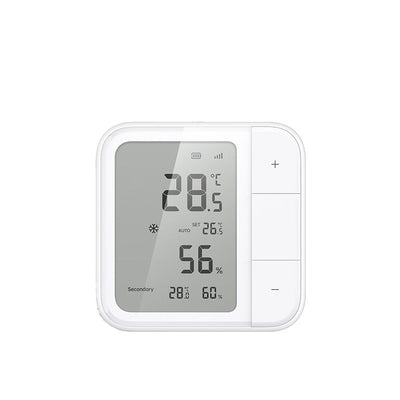 Aqara Klimasensor W100 von vorn: quadratisches Gehäuse mit LCD, links die Temperaturanzeige 28,5 Grad