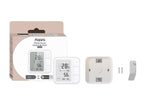 Lieferumfang des Aqara Klimasensor W100: Verpackung, Sensor, Tischständer und Wandhalterung