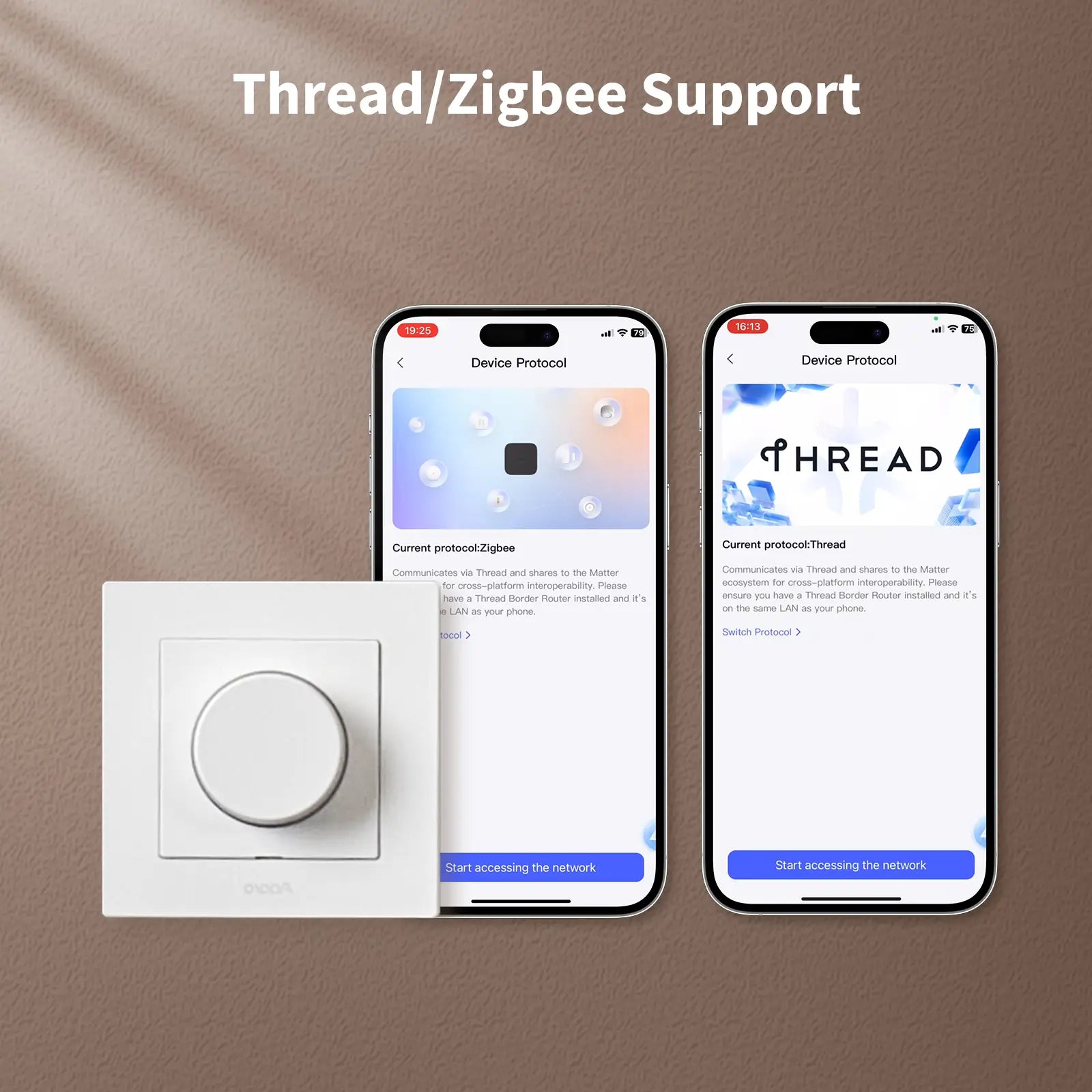Herstellergrafik: der Dimmer vor zwei App-Screens, die den Wechsel zwischen Zigbee und Thread zeigen