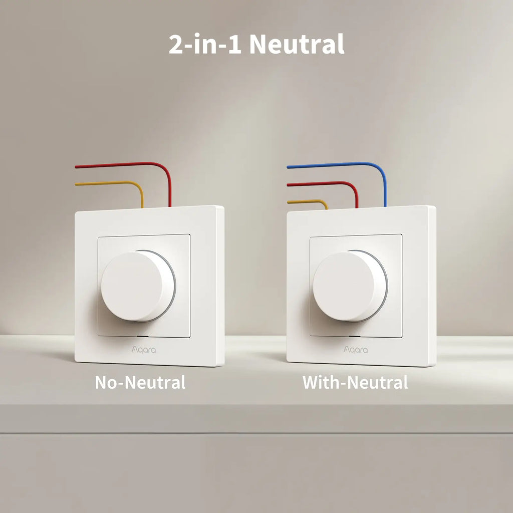 Herstellergrafik: zwei Dimmer nebeneinander, links ohne Neutralleiter verdrahtet, rechts mit