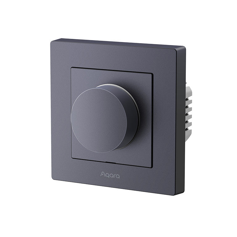 Aqara Dimmer H2 in Dunkelgrau: großer runder Drehknopf im quadratischen Rahmen, schräg von vorn