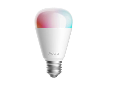 Aqara LED-Lampe T2 E27 in der Farbvariante: Birnenform mit E27-Sockel, der Kolben leuchtet rot und türkis