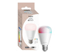 Verpackung der Aqara LED-Lampe T2 E27 in der Farbvariante mit EU-Energielabel, daneben zwei leuchtende Lampen