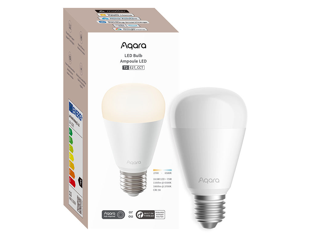 Verpackung der Aqara LED-Lampe T2 E27 in der Weißton-Variante mit dem Farbtemperaturbalken 2700 bis 6500 K