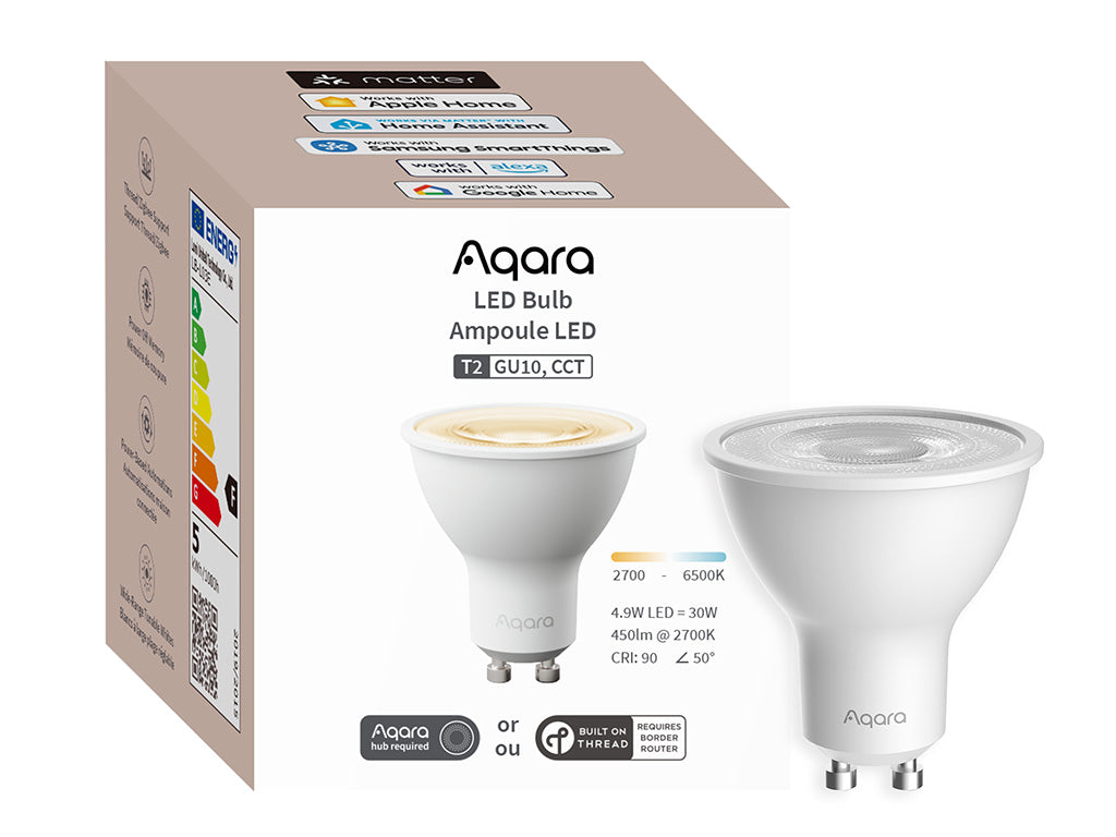 Verpackung des Aqara LED-Strahler T2 GU10 in der Weißton-Variante mit Farbtemperaturbalken
