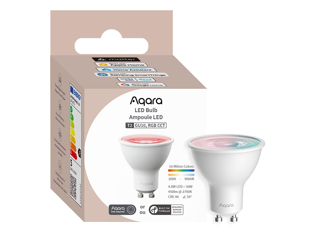 Verpackung des Aqara LED-Strahler T2 GU10 in der Farbvariante mit EU-Energielabel und Plattform-Badges