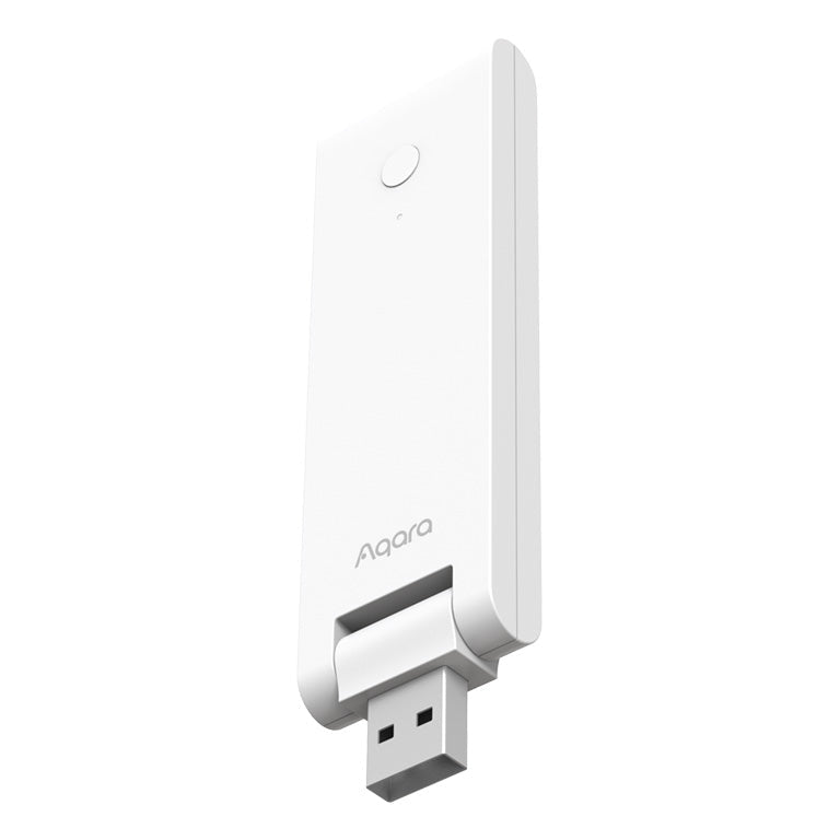 Aqara Hub M100 von schräg oben mit sichtbarem Drehgelenk am USB-A-Stecker