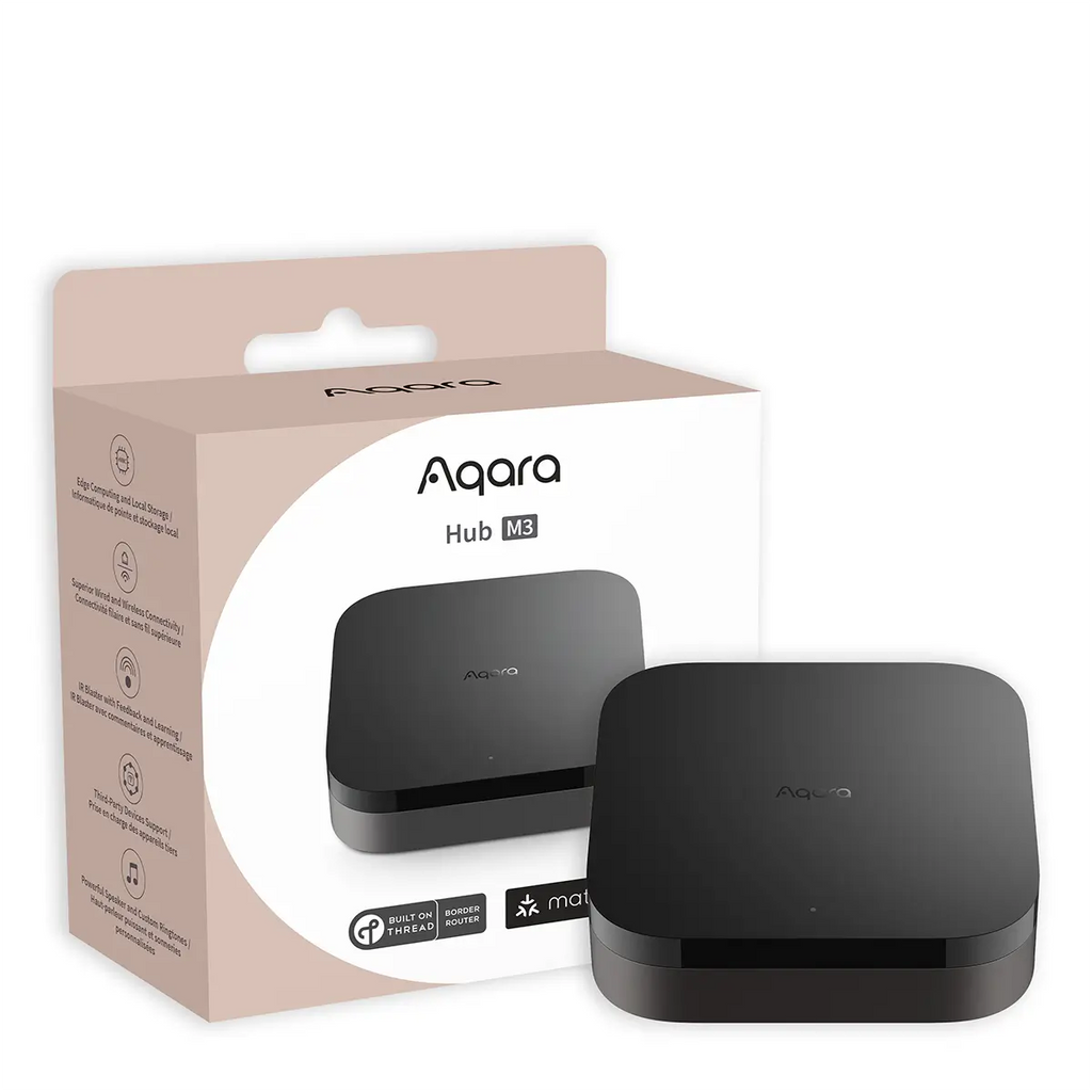 Verpackung des Aqara Hub M3 neben dem Gerät