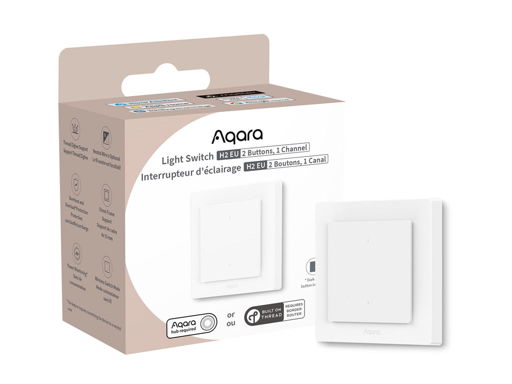 Verpackung des Aqara Lichtschalter H2 EU mit 2 Tasten und 1 Kanal, daneben der Schalter