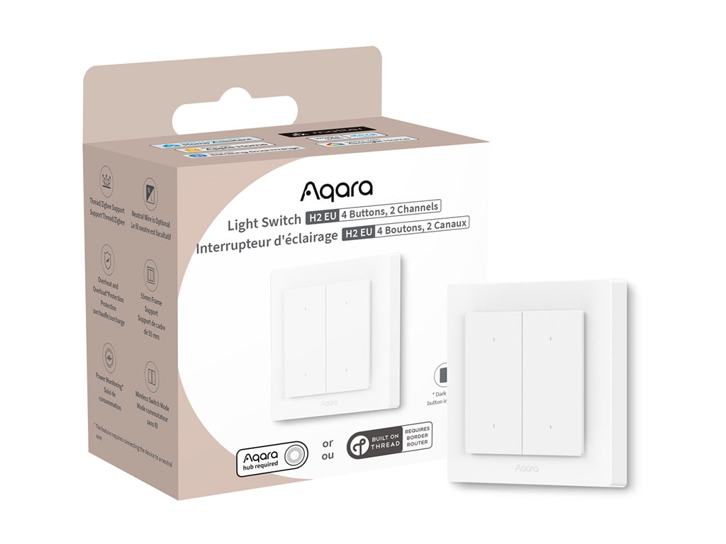 Verpackung des Aqara Lichtschalter H2 EU mit 4 Tasten und 2 Kanälen, daneben der Schalter