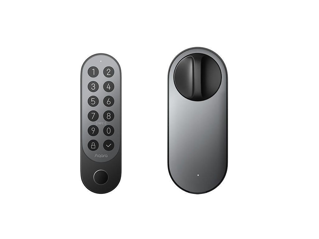 Aqara Smart Lock U200 in Dunkelgrau: links das Tastenfeld, rechts die Schlosseinheit mit Drehknopf