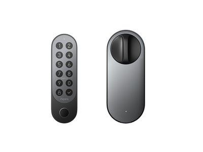 Aqara Smart Lock U200 in Dunkelgrau: links das Tastenfeld, rechts die Schlosseinheit mit Drehknopf