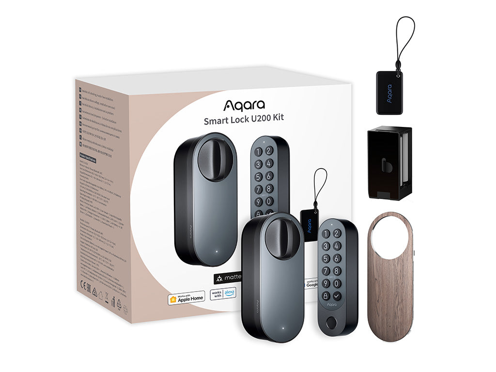 Verpackung des Aqara Smart Lock U200 Kit mit Schloss, Tastenfeld, NFC-Anhänger und Zubehör