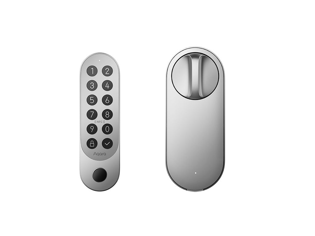 Aqara Smart Lock U200 in Silber: Tastenfeld und Schlosseinheit nebeneinander