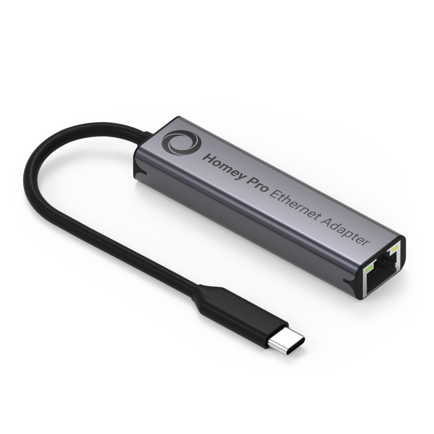 Homey Pro Ethernet Adapter: silbernes Gehäuse mit RJ45-Buchse und USB-C-Kabel