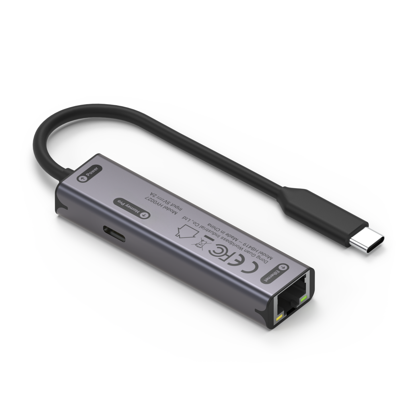 Der Adapter von der Seite mit USB-C-Eingang für das Netzteil