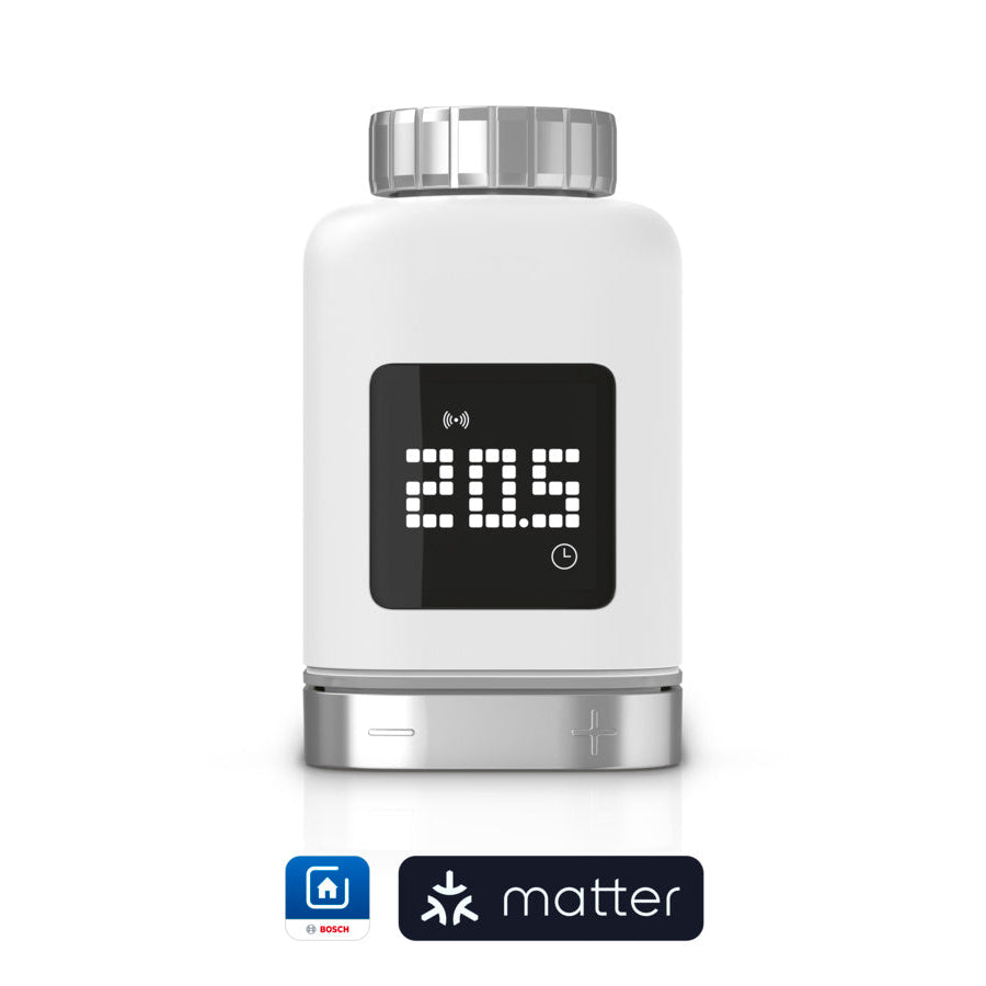 Bosch Smart Home Heizkörper-Thermostat II [+M] frontal, Display zeigt 20,5 Grad, Ventilanschluss oben