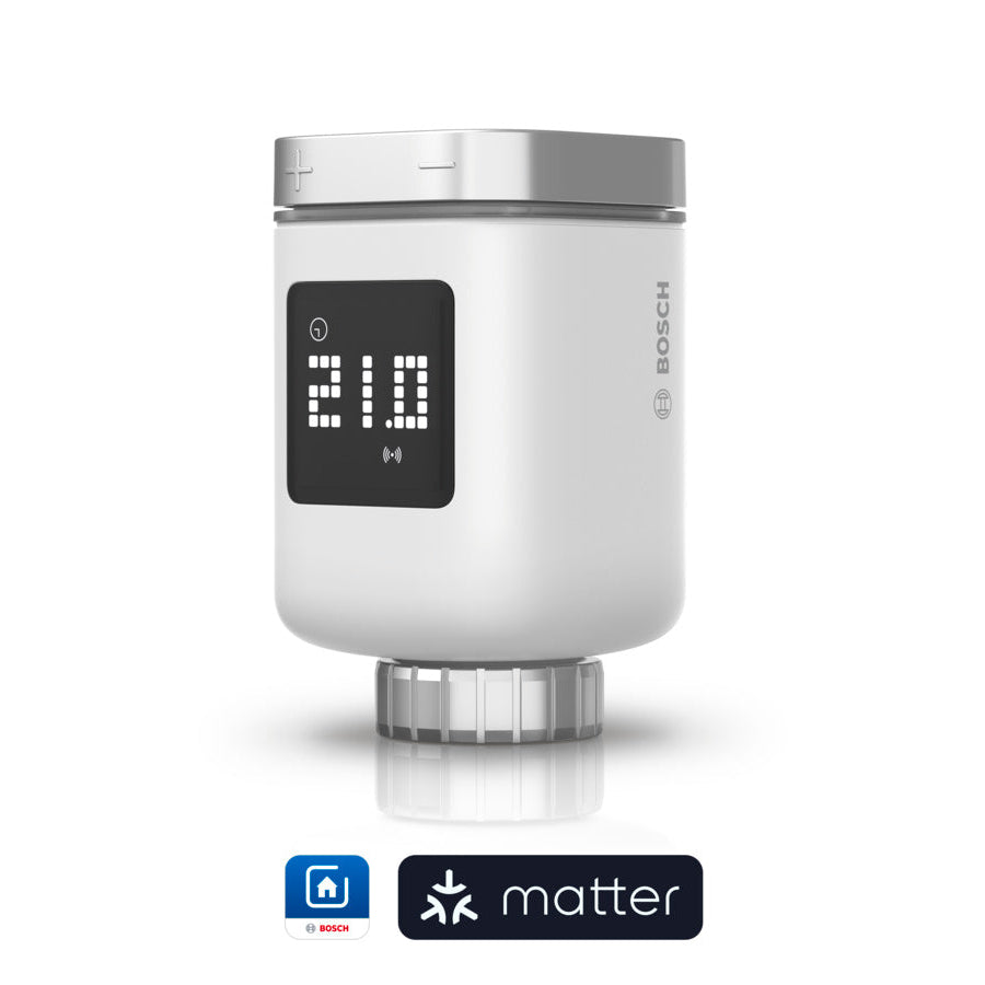 Heizkörper-Thermostat II [+M] stehend mit Ventilanschluss unten, Display zeigt 21,0 Grad, Bedienring oben