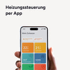 Smartphone in der Hand mit tado App: Raumkacheln, Geofencing und Schnellheizen für alle Räume