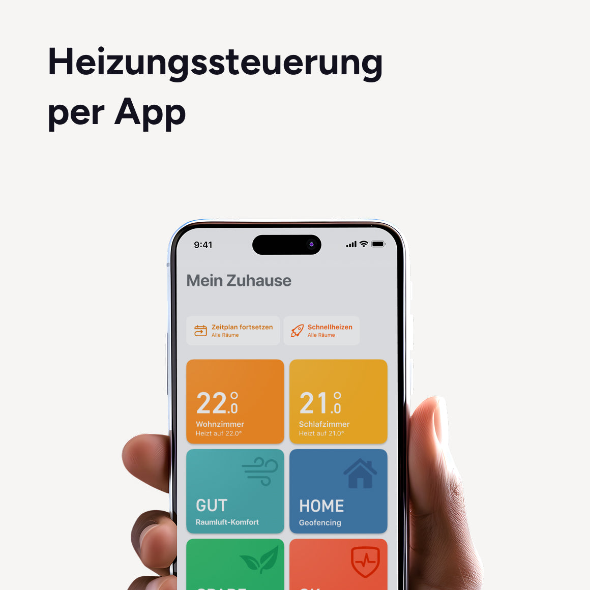 Hand hält Smartphone mit tado App, Räume mit 22 und 21 Grad, Überschrift Heizungssteuerung per App