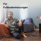 Wohnraum mit angedeuteter Fußbodenheizung und Thermostat X an der Wand, Text Für Fußbodenheizungen