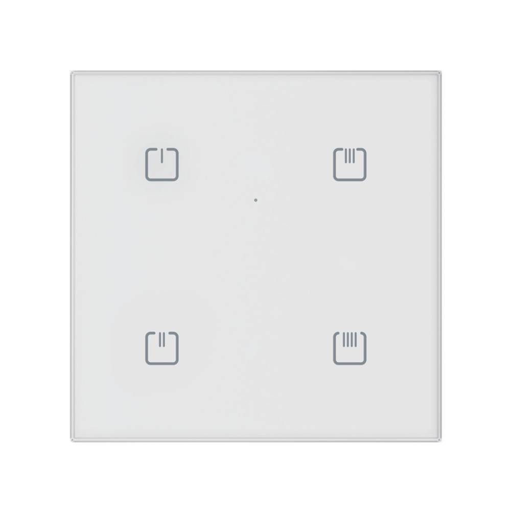 ELKO EP Glass Touch Controller RFGB-40W/MT in Weiß, vier graue Symbole auf weißer Glasfläche, Frontalansicht