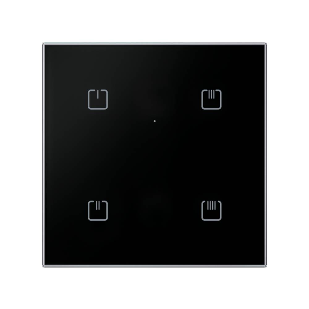 ELKO EP Glass Touch Controller RFGB-40B/MT in Schwarz, quadratische Glasfront mit vier Tastensymbolen und LED-Punkt
